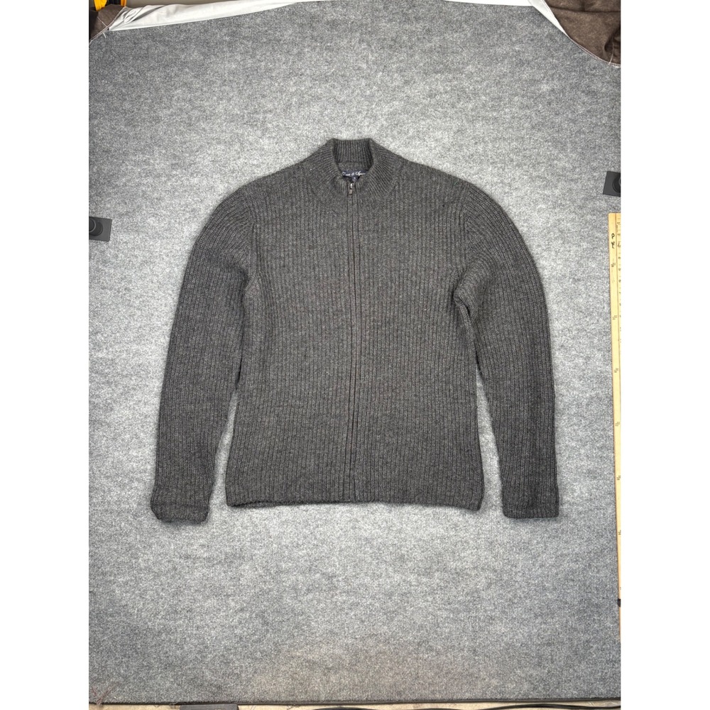 Davis & Squire Men XL Gray Ribbed Wool Blend Full Zip Cardigan Mock Neck Sweater